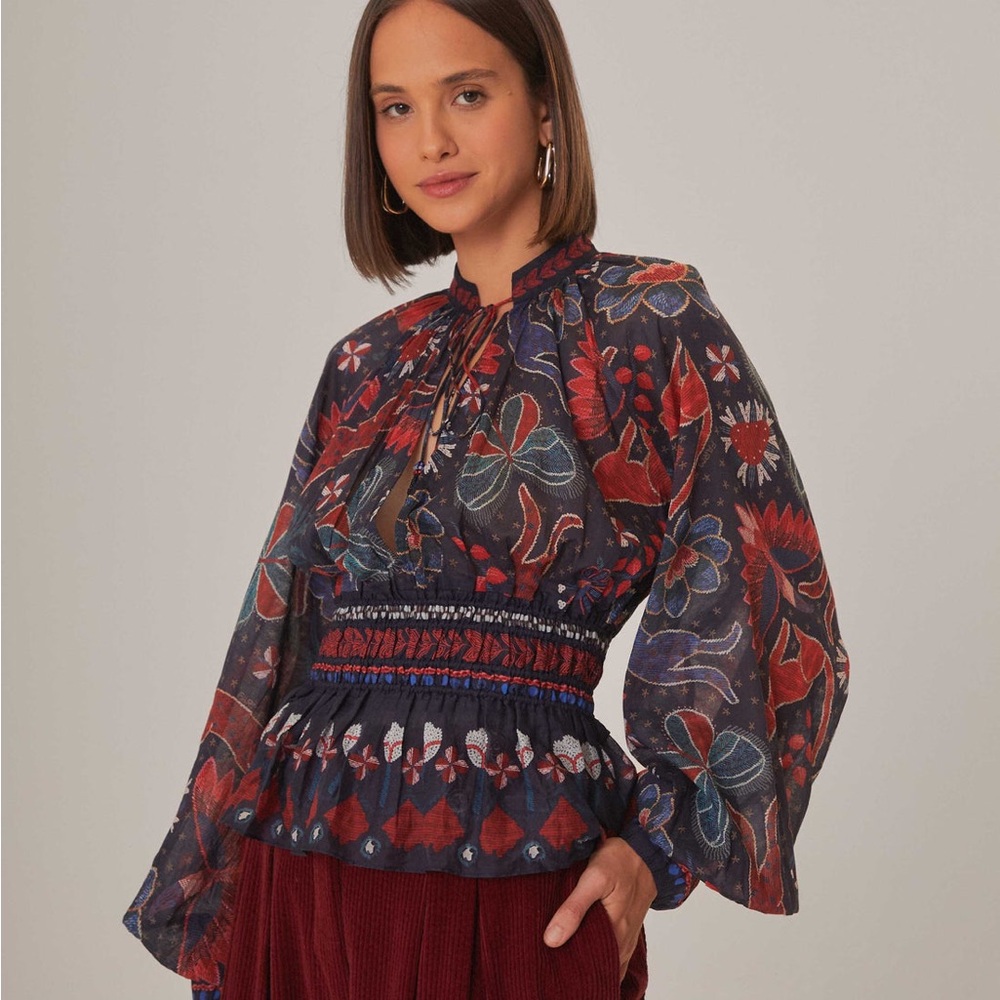 Dark Blue Tropical Shine V Neck Blouse